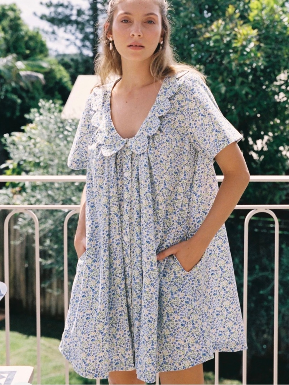 Penelope Lounge Dress - Cotton - Floret Blue - Size Medium